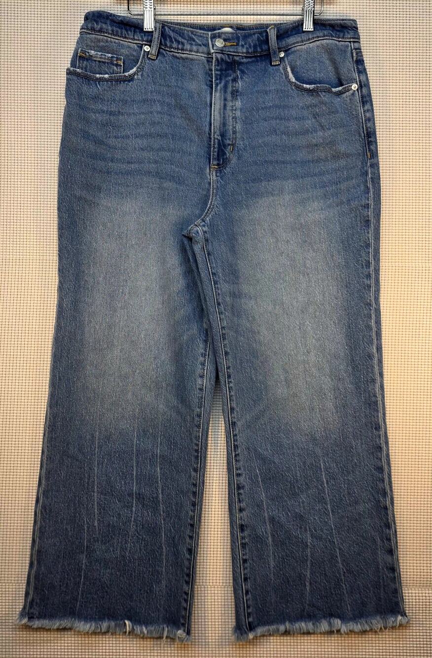 LOFT‎ The Wide Leg Crop Jeans Size 12 Blue Wash Frayed Raw Hem High Rise Boho